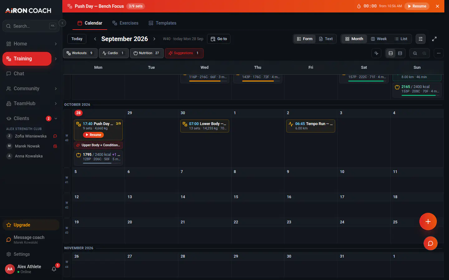 The training calendar in the demo account: today’s Push Day with its nutrition, and the sessions planned for the days ahead