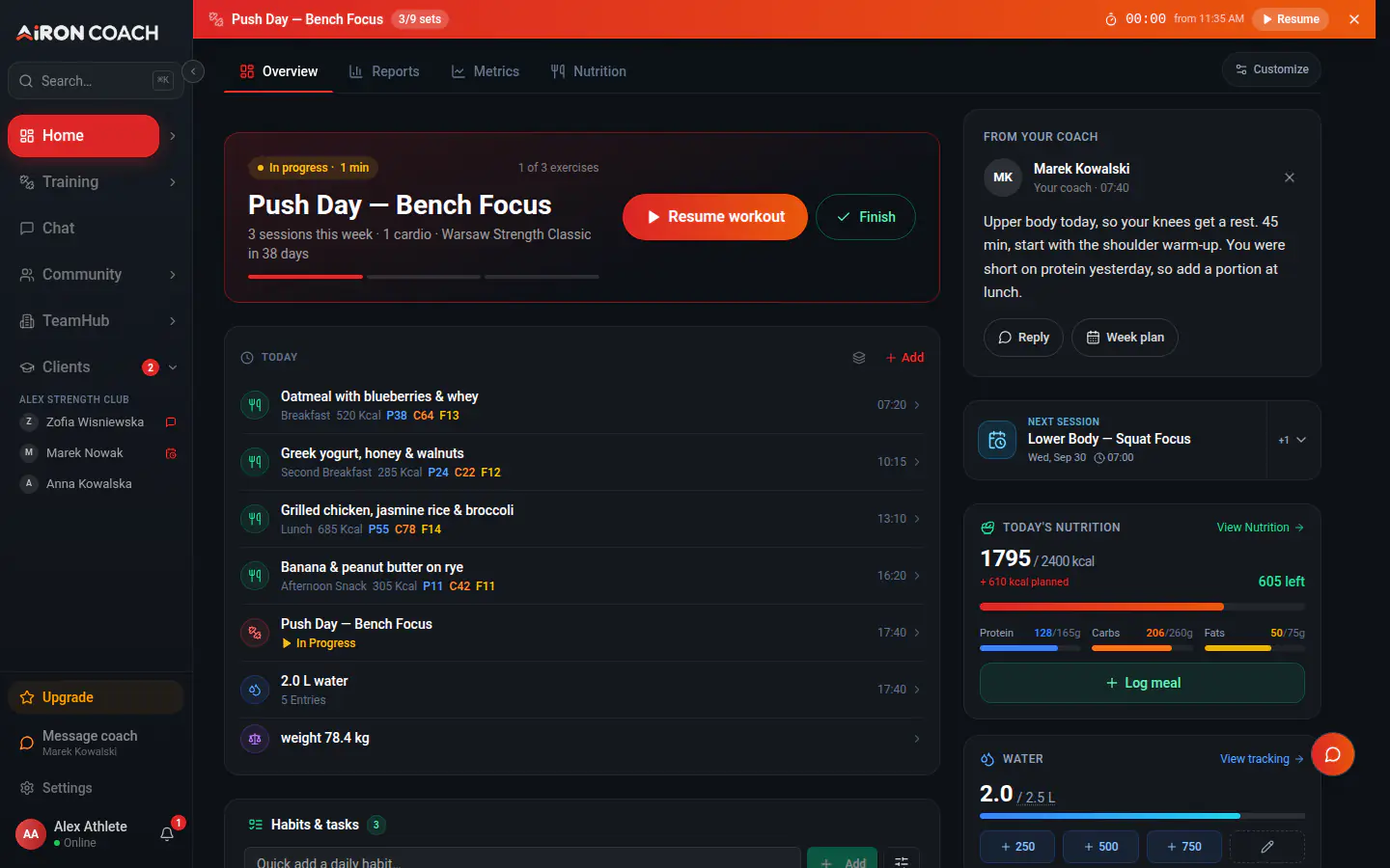 Home in the demo account: the workout in progress with its Resume button, and a note from the coach